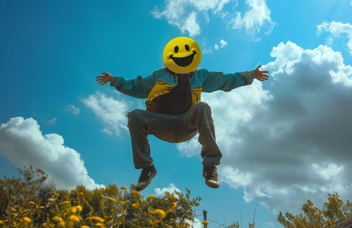 Yellow smiley face mask person jumping high in competition