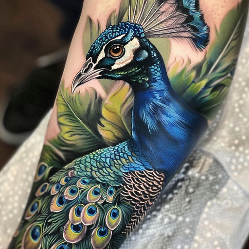 Realistic peacock tattoo on white background