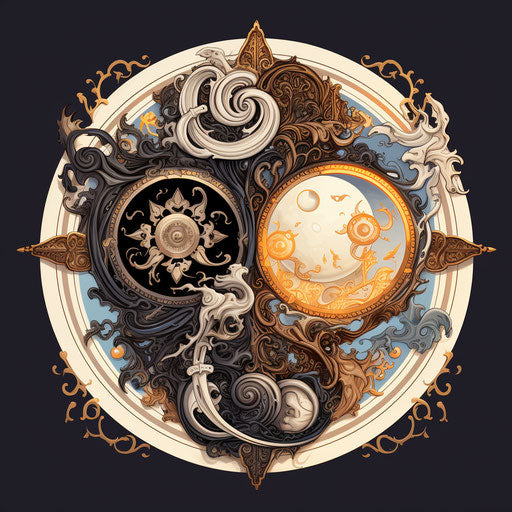 Yin yang symbol with sun, moon, and all symbols