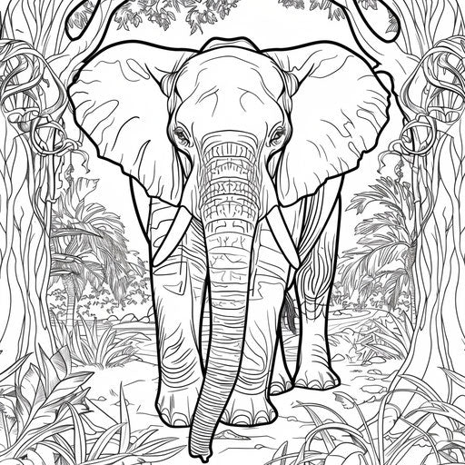 Elephant in jungle with vines and trees. Coloring book page