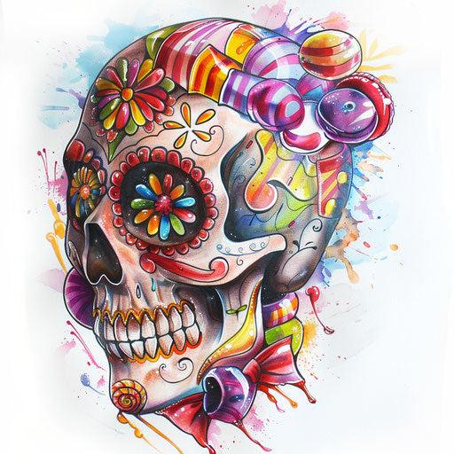 Playful sugar skull tattoo with candy and sweets on white