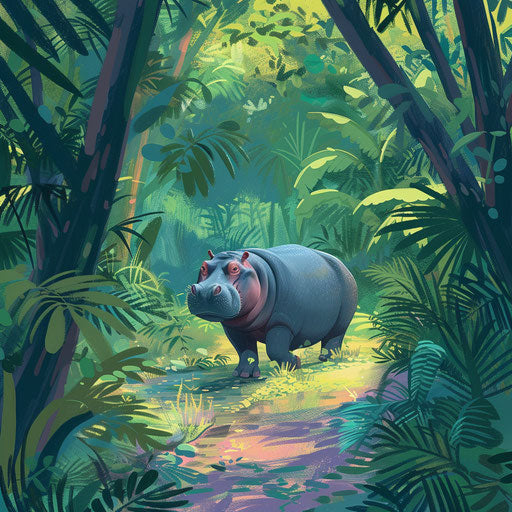 Lonely hippo wandering through lush jungle