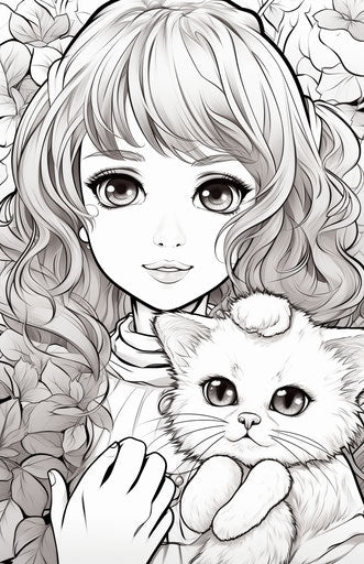 Anime girl with cat coloring, kawaii chic