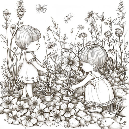 Children planting flowers in a garden