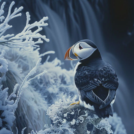 Puffin bird in a frosty winter landscape