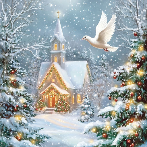 Winter Christmas card with church and flying dove