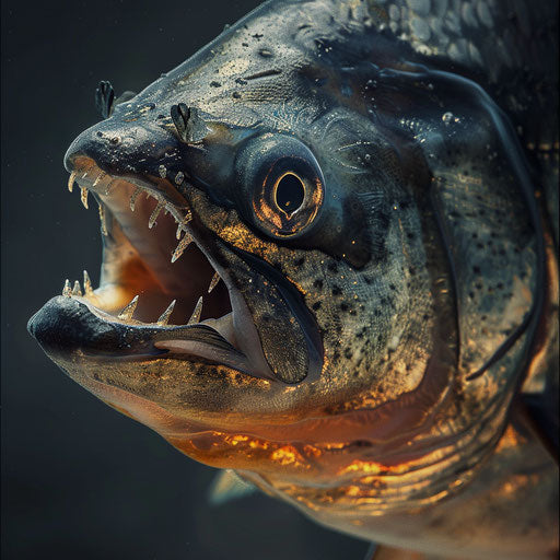 Expressive close-up portrait of a piranha fish with detailed scales