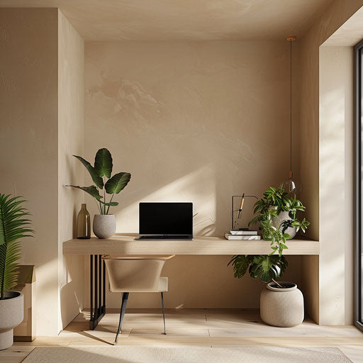 Minimalist home office with sleek desk, laptop, and potted plants