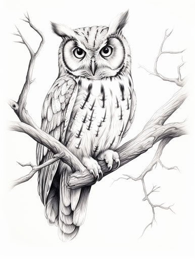 Owl on a branch, clean and sharp inking