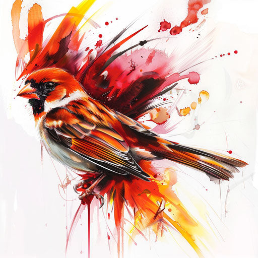 Sparrow with fiery aura, vibrant red and orange, on white background.