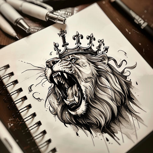 Sketch of a roaring lion with a crown, flowing mane, clipart style, flat black ink