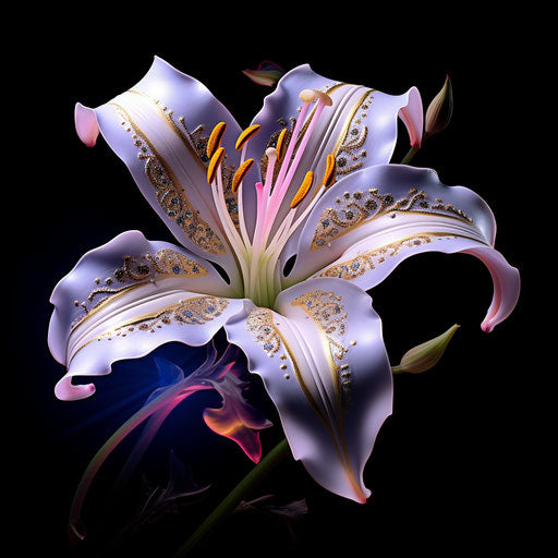 White lily tattoo, yellow petals, digital airbrushing style