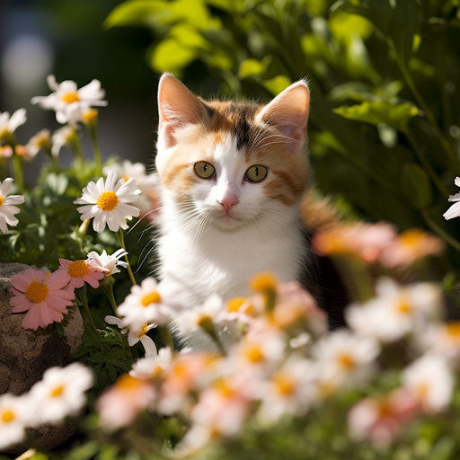 Manx cat in a flower bed with beautiful flowers