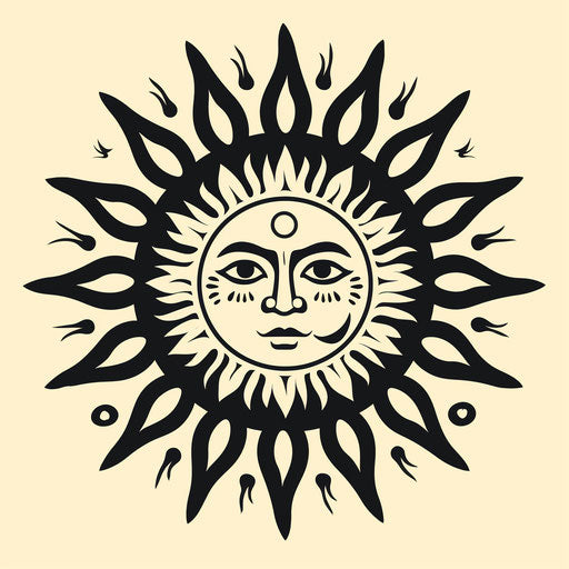 Sun's face on white background, graphic black outlines, Byzantine icons