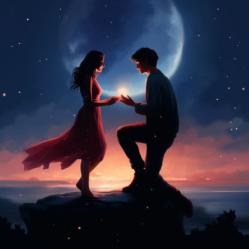 Cute couple proposing under moonlit sky