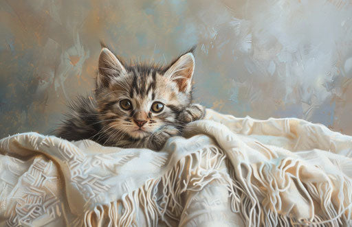 A kitten next to a white blanket