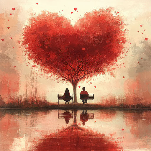 Heart-shaped tree with loving couple and reflection in lake