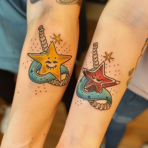 Friendship tattoos in the style of Sailor Jerry with nautical stars and shared ropes