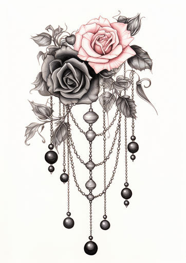 Roses and beads in black and white, tattoo style, dark romance