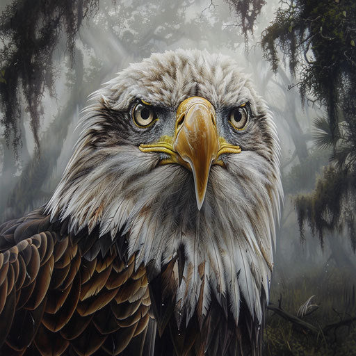 Focused gaze of the American eagle over misty bayou