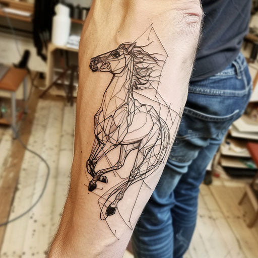 Vibrant flat tattoo sketch of a jumping horse with dynamic line