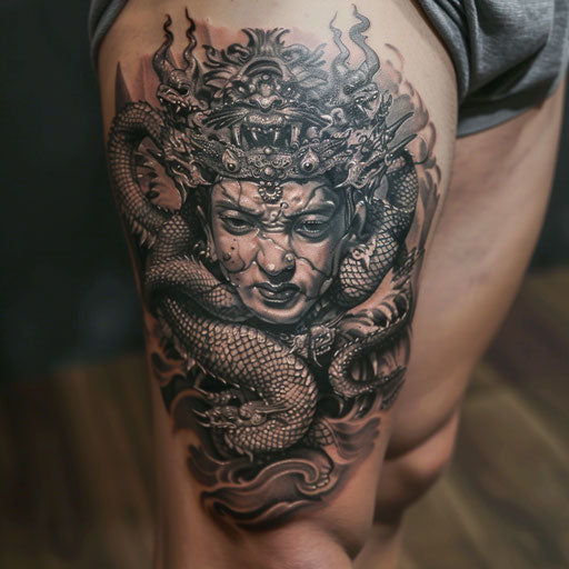 Thigh tattoo depicting mythological creatures