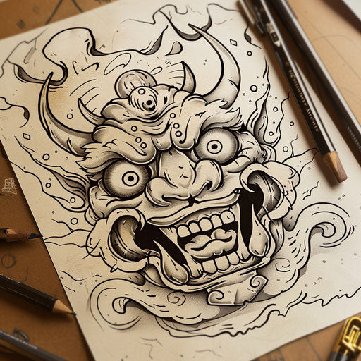 Whimsical flat tattoo sketch of a cartoonish Japanese demon with playful expressions