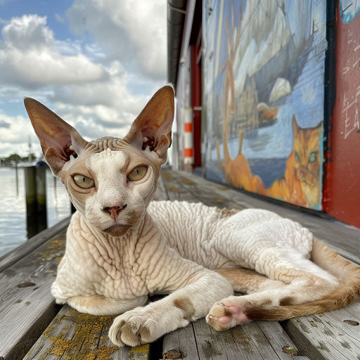 Cornish Rex cat lying on a dock