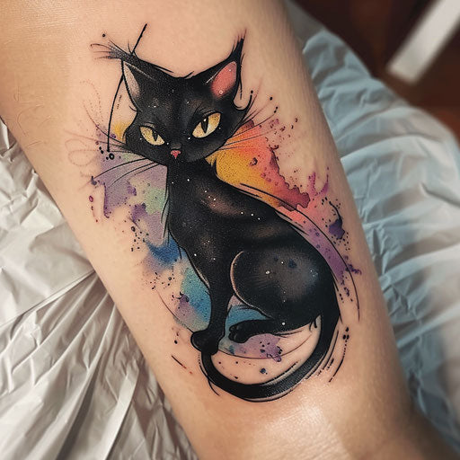 Watercolor black cat tattoo with colorful splashes