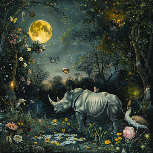 A rhino in an enchanted garden, interacting with mythical creatures under a spellbinding moon
