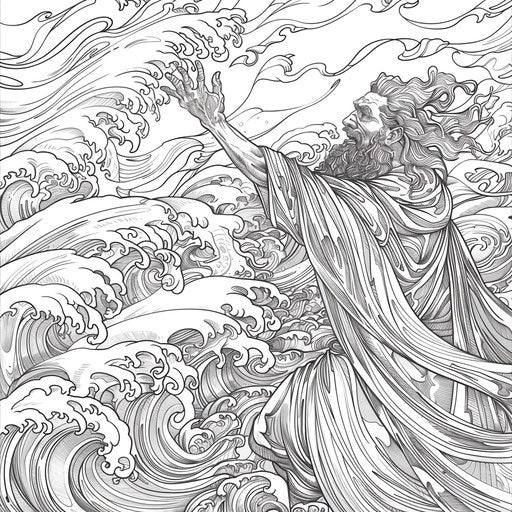 Moses parting the Red Sea with intricate details in the style of Teagan White, coloring book page
