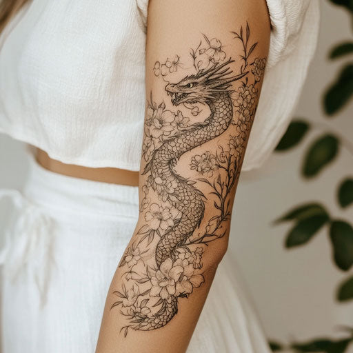 Dragon arm tattoo surrounded by blooming flowers