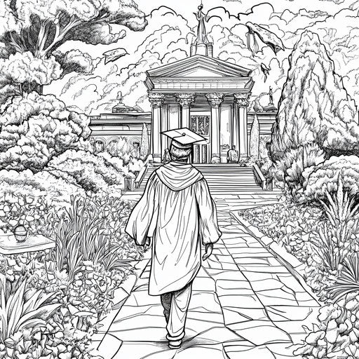 Heroic graduation scene with epic backgrounds in the style of Mark Schultz Coloring book page