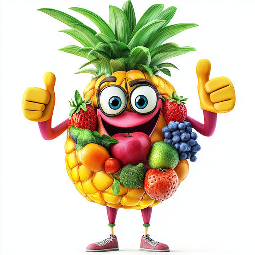 Humorous caricature of fruits and vegetables with human features