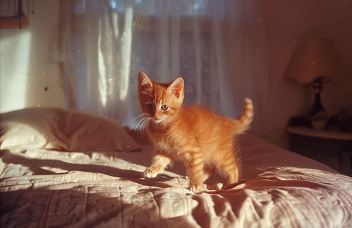 Kitten standing on bed in a room