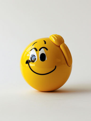 Pixar-style pensive yellow smiley face, white background