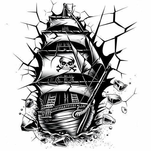 Reflective tattoo sketch of the Jolly Roger with cracked mirror effect
