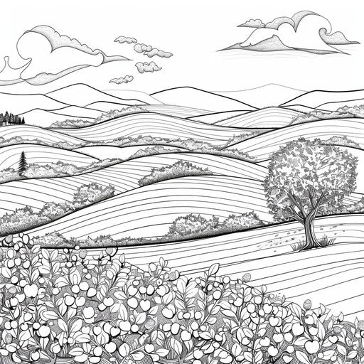 Peaceful landscape with rolling hills and blooming orchard
