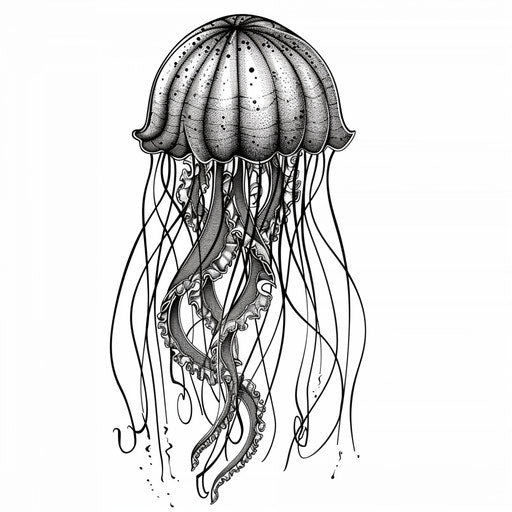 Vintage nautical jellyfish tattoo, detailed lines, white background