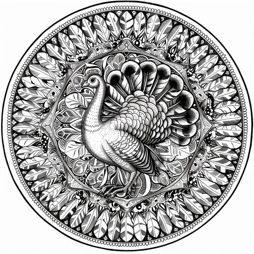 Detailed mandala with turkey at the center. Coloring page