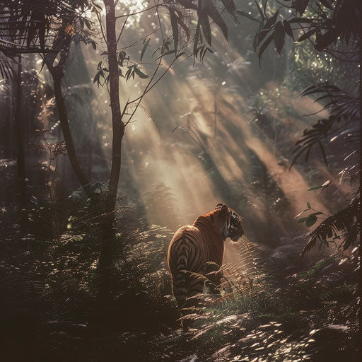 Sumatran tiger emerging in morning mist