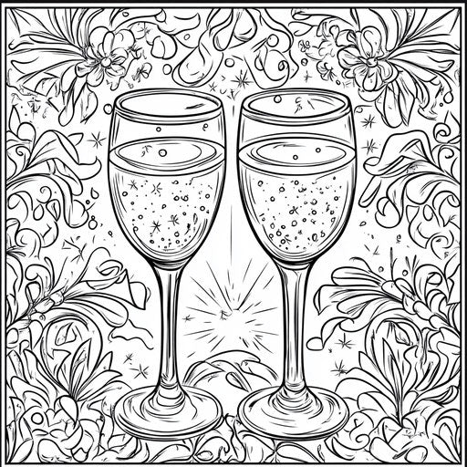 New Year’s toast with champagne glasses, Megan Hess style, coloring book page