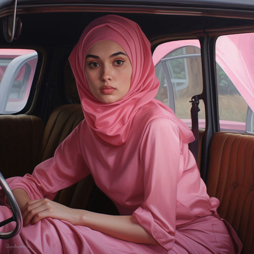 Girl in pink sitting in car, sumatraism style