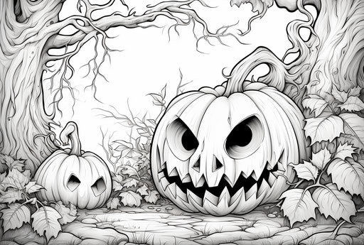 Coloring Book - Pumpkin and Leaves - Nightmarish Style