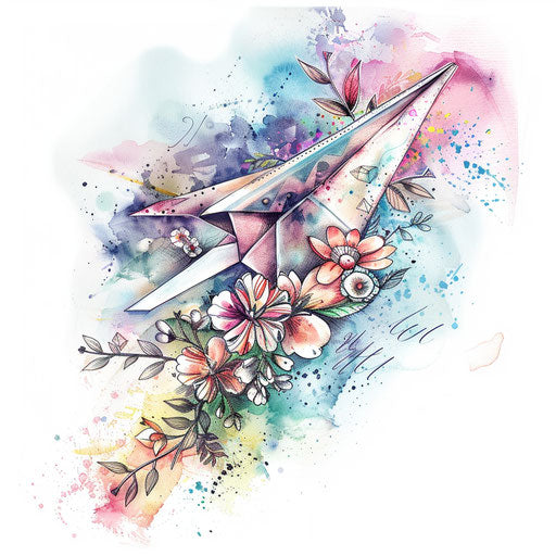 Lovely tattoo sketch of a paper airplane with floral motifs in soft watercolors