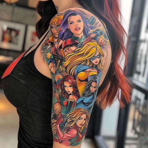Half-sleeve tattoo comic book heroines in battle