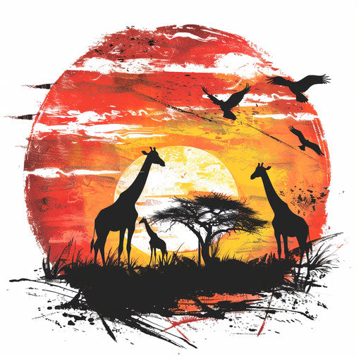 African sunset with giraffes and acacia trees tattoo design