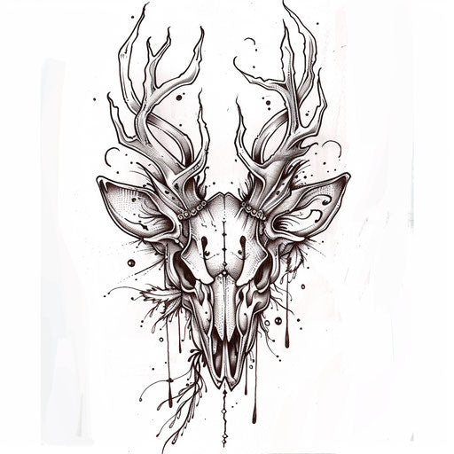 Art nouveau deer skull tattoo featuring flowing lines, details