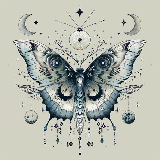 Mystical flat tattoo sketch of a butterfly with lunar symbols on its wings, silvery blues and whites, clipart style