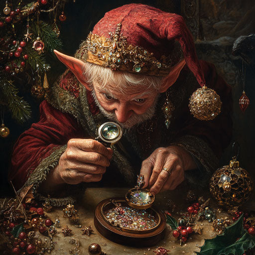 Elf crafting shimmering magical jewelry for the holidays